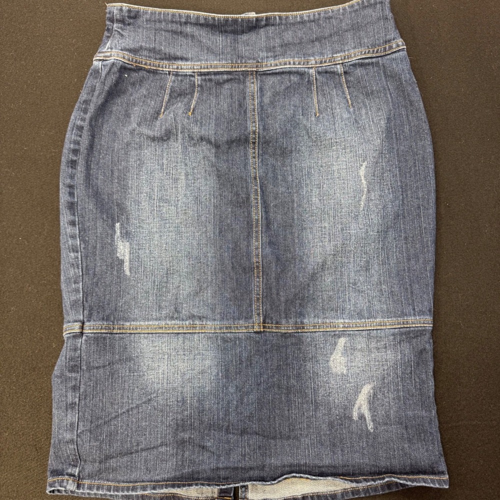 Jeanology Collection Denim Midi Skirt Size 12 Distressed Pencil Medium Wash